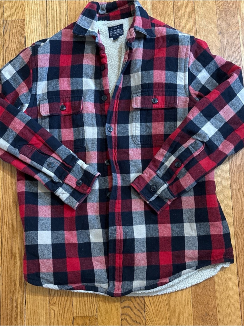 J. Crew Red, Black & Cream Plaid Sherpa-Lined  Shacket